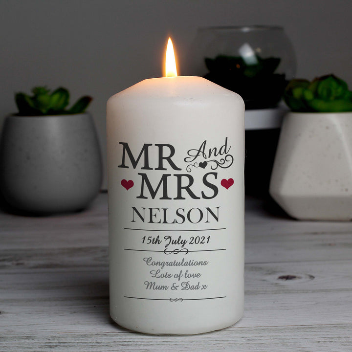 Buy Personalised Mr & Mrs Pillar Candle available now at www.giftsfinder.co.uk