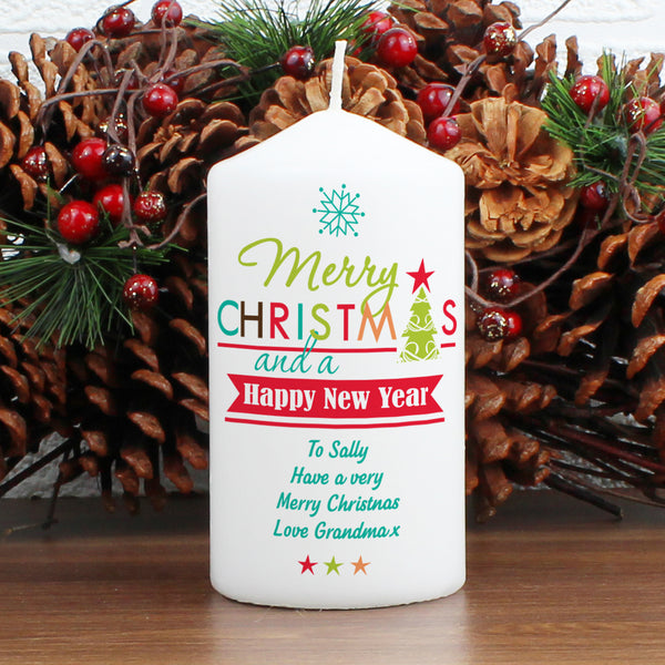 Buy Personalised Bright Christmas Pillar Candle available now at www.giftsfinder.co.uk