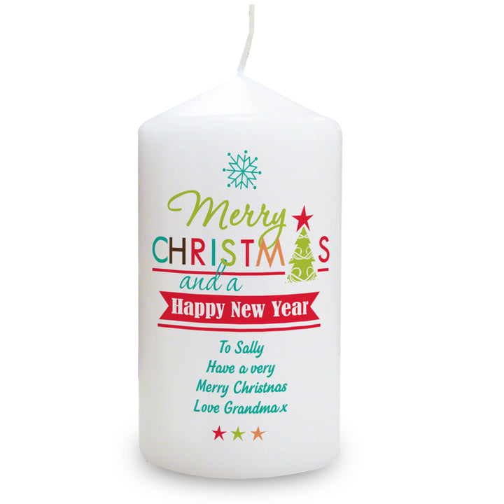 Personalised Bright Christmas Pillar Candle - part of the Gifts Finder Personalised Candles collection