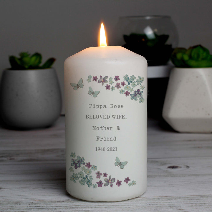 Personalised Forget Me Not Pillar Candle - part of the Gifts Finder Personalised Candles collection