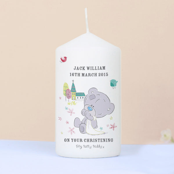 Personalised Tiny Tatty Teddy Christening Pillar Candle in gift category Personalised Candles