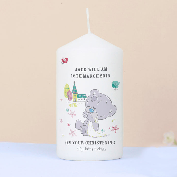 Personalised Tiny Tatty Teddy Christening Pillar Candle - part of the Gifts Finder Personalised Candles collection