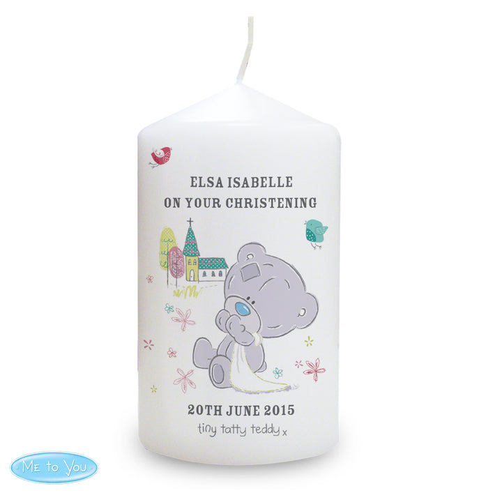 Personalised Tiny Tatty Teddy Christening Pillar Candle - part of the Gifts Finder Personalised Candles collection