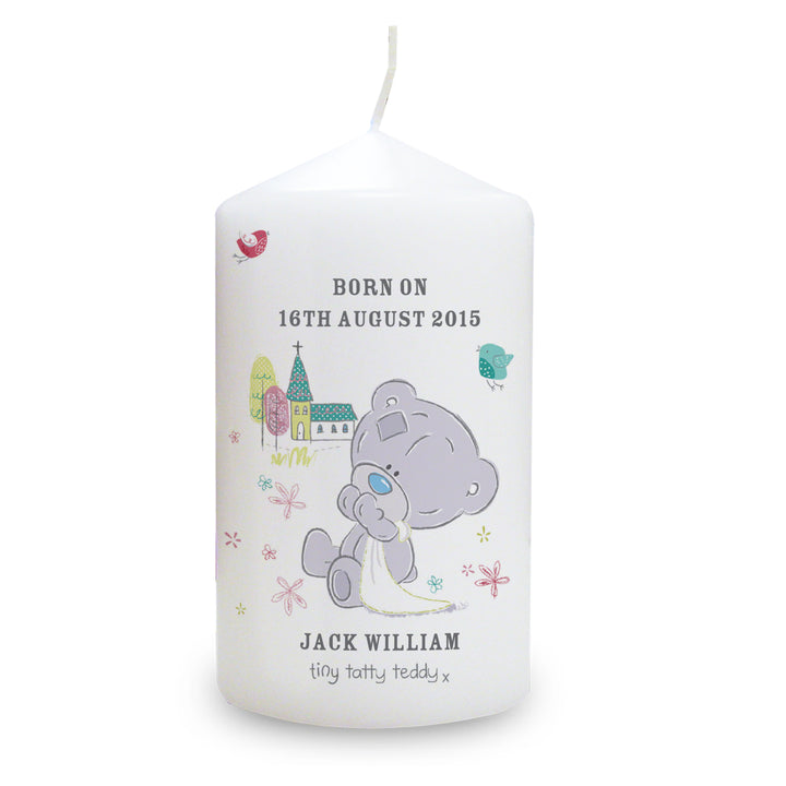 Personalised Tiny Tatty Teddy Christening Pillar Candle - part of the Gifts Finder Personalised Candles collection