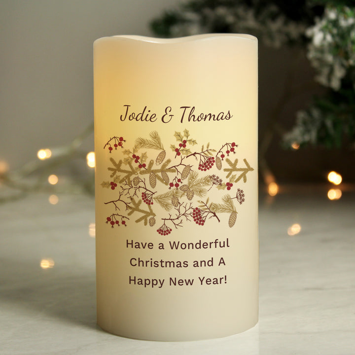 Personalised Christmas Floral LED Candle - part of the Gifts Finder Personalised LED Candles collection