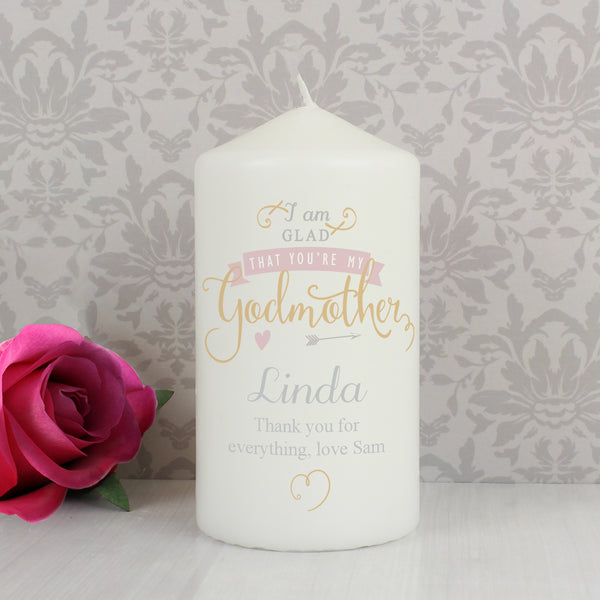 Buy Personalised I Am Glad... Godmother Pillar Candle at www.giftsfinder.co.uk