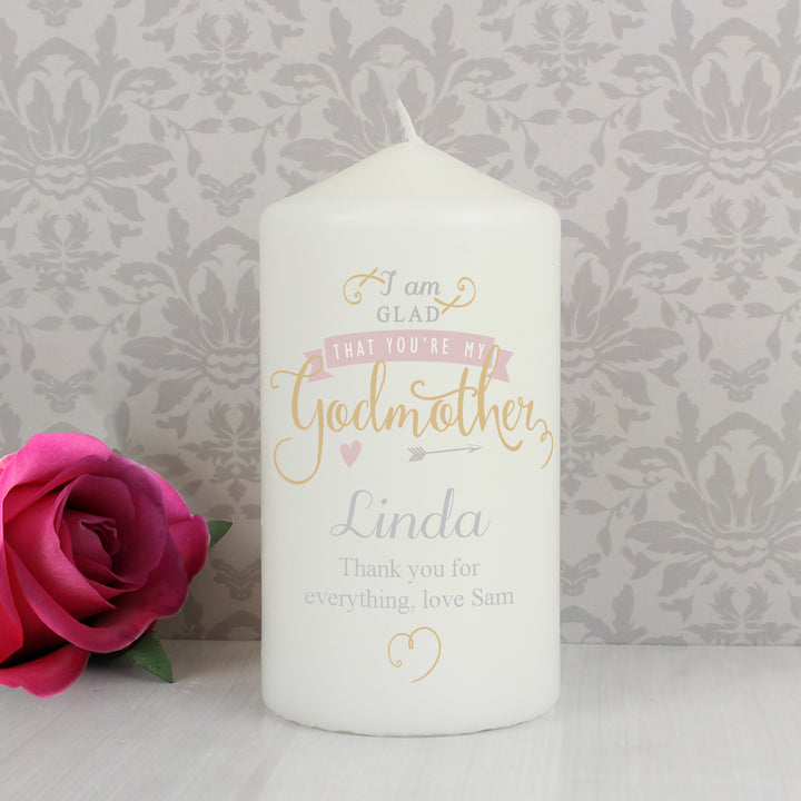 Personalised I Am Glad... Godmother Pillar Candle - part of the Gifts Finder Personalised Candles collection