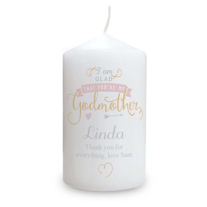 Personalised I Am Glad... Godmother Pillar Candle - part of the Gifts Finder Personalised Candles collection