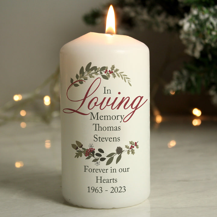 Buy Personalised In Loving Memory Wreath Pillar Candle at www.giftsfinder.co.uk