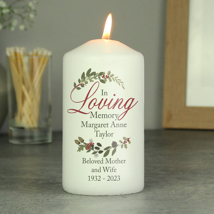 Buy Personalised In Loving Memory Wreath Pillar Candle at www.giftsfinder.co.uk