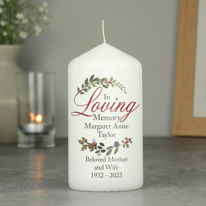 Buy Personalised In Loving Memory Wreath Pillar Candle at www.giftsfinder.co.uk