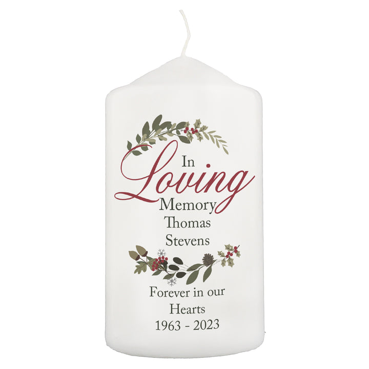 Buy Personalised In Loving Memory Wreath Pillar Candle at www.giftsfinder.co.uk