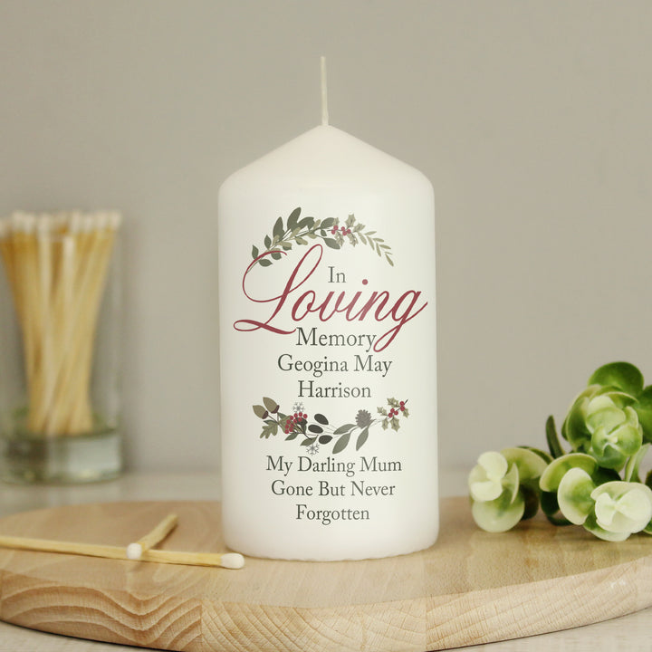 Buy Personalised In Loving Memory Wreath Pillar Candle at www.giftsfinder.co.uk