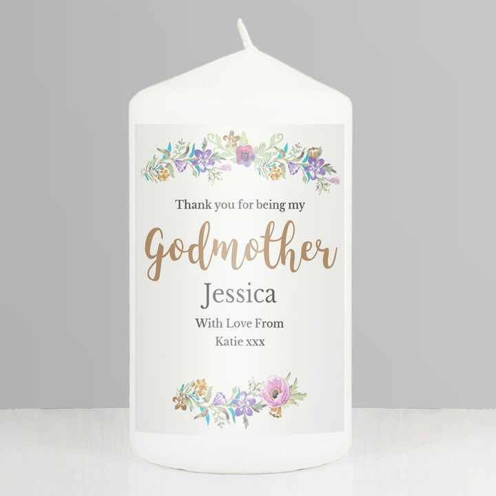 Personalised Godmother 'Floral Watercolour' Pillar Candle - part of the Gifts Finder Personalised Candles collection