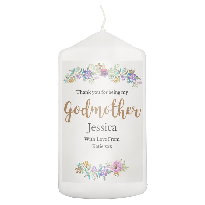 Personalised Godmother 'Floral Watercolour' Pillar Candle - part of the Gifts Finder Personalised Candles collection