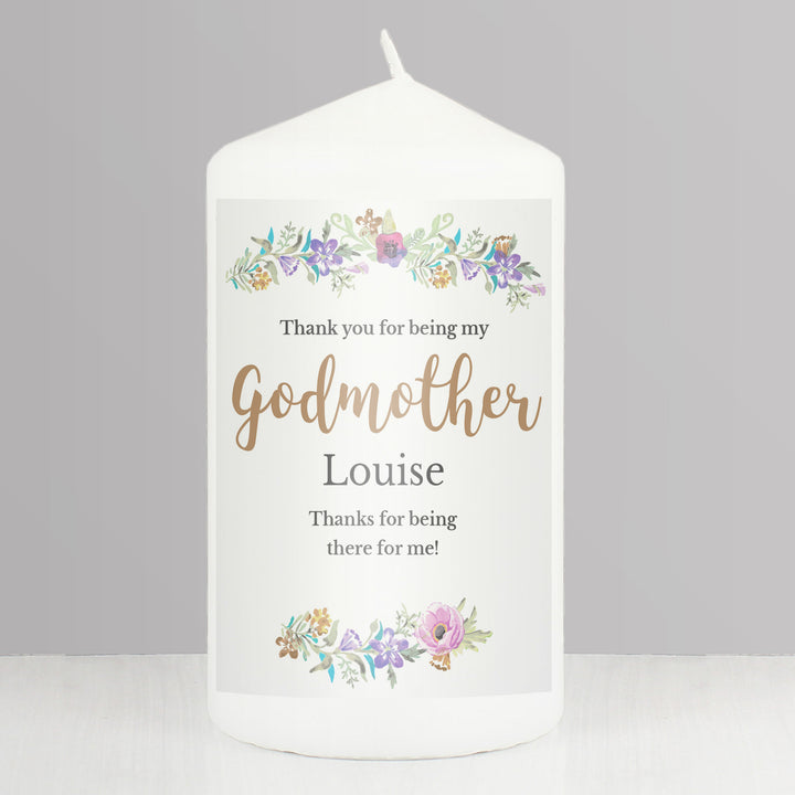 Personalised Godmother 'Floral Watercolour' Pillar Candle - part of the Gifts Finder Personalised Candles collection