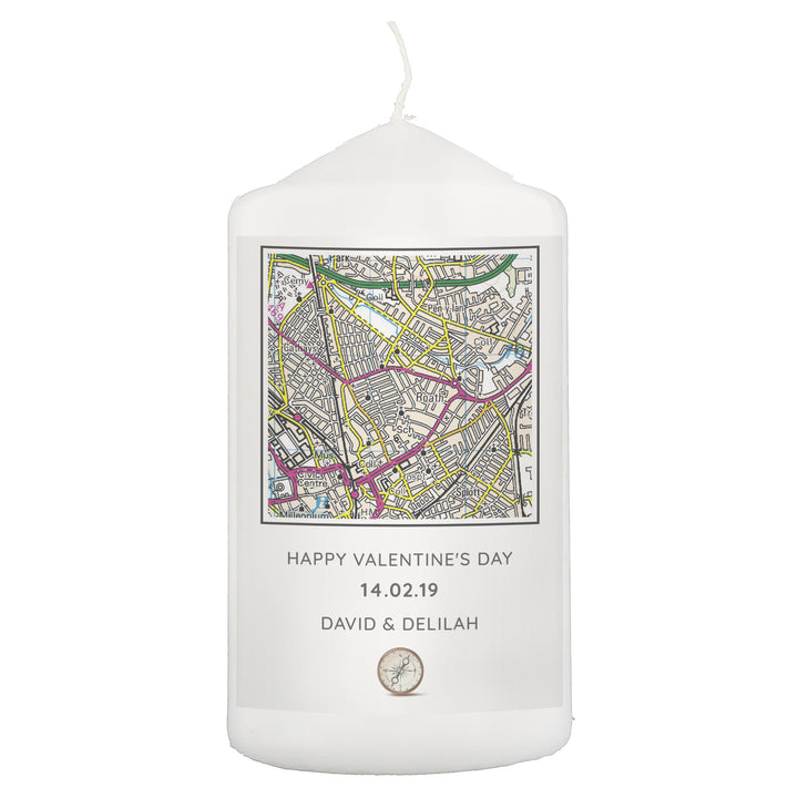 Buy Personalised Present Day Map Compass Pillar Candle at www.giftsfinder.co.uk