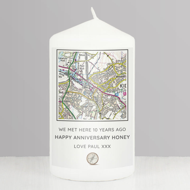 Buy Personalised Present Day Map Compass Pillar Candle at www.giftsfinder.co.uk