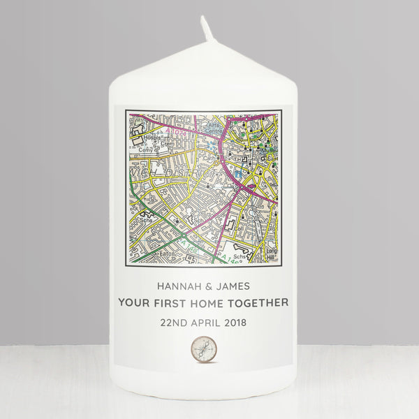 Buy Personalised Present Day Map Compass Pillar Candle at www.giftsfinder.co.uk