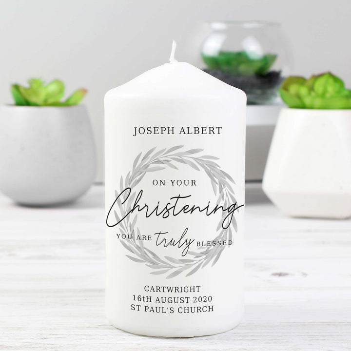 Personalised 'Truly Blessed' Christening Pillar Candle - part of the Gifts Finder Personalised Candles collection