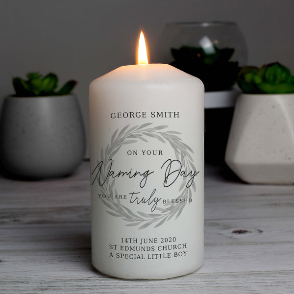 Buy Personalised Truly Blessed Naming Day Pillar Candle at www.giftsfinder.co.uk