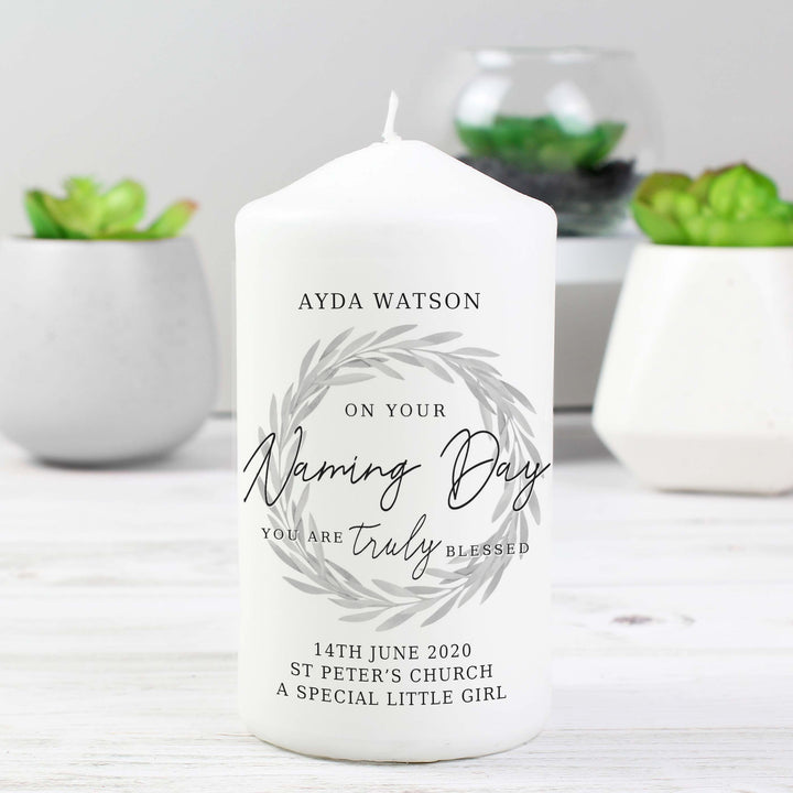 Personalised Truly Blessed Naming Day Pillar Candle - part of the Gifts Finder Personalised Candles collection