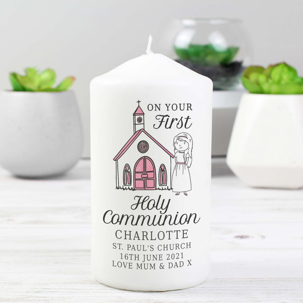 Buy Personalised Girls First Holy Communion Pillar Candle at www.giftsfinder.co.uk