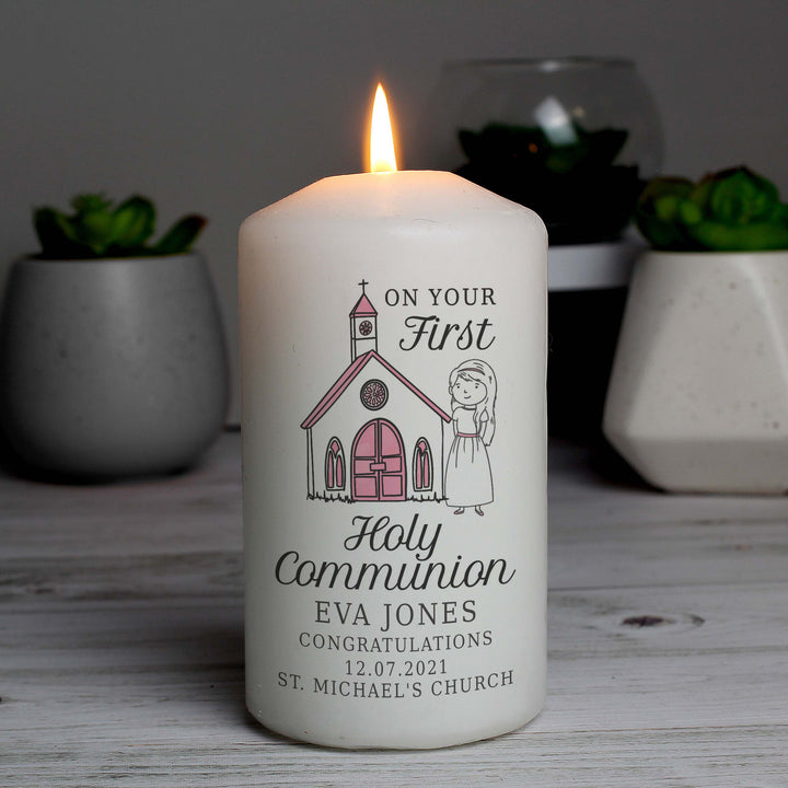 Buy Personalised Girls First Holy Communion Pillar Candle at www.giftsfinder.co.uk