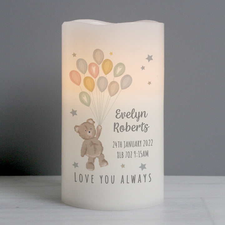 Buy Personalised Teddy & Balloons Nightlight LED Candle at www.giftsfinder.co.uk