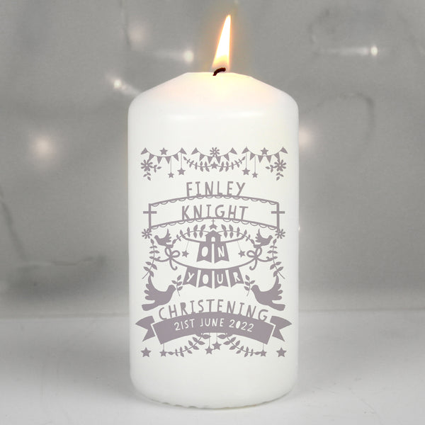 Buy Personalised Grey Papercut Style Pillar Candle at www.giftsfinder.co.uk