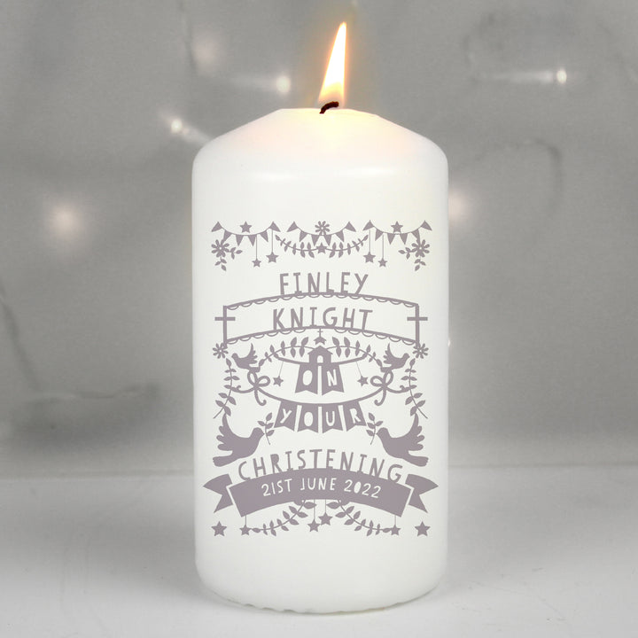 Personalised Grey Papercut Style Pillar Candle - part of the Gifts Finder Personalised Candles collection