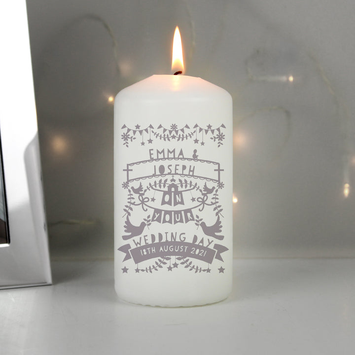 Personalised Grey Papercut Style Pillar Candle - part of the Gifts Finder Personalised Candles collection