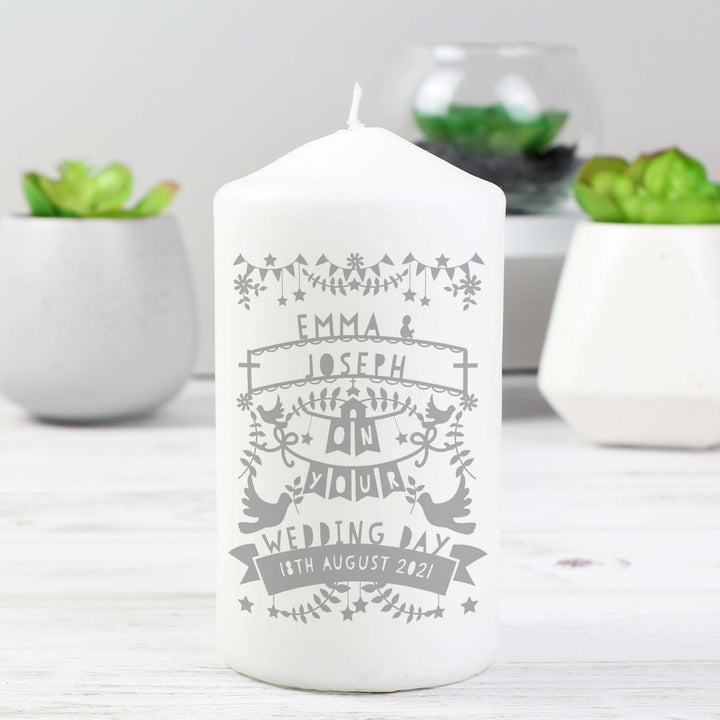 Personalised Grey Papercut Style Pillar Candle - part of the Gifts Finder Personalised Candles collection