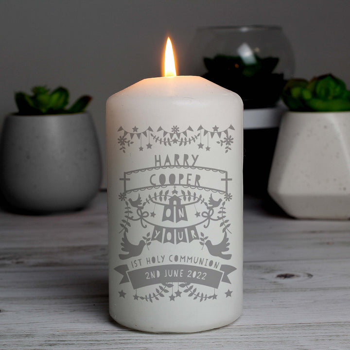 Personalised Grey Papercut Style Pillar Candle - part of the Gifts Finder Personalised Candles collection