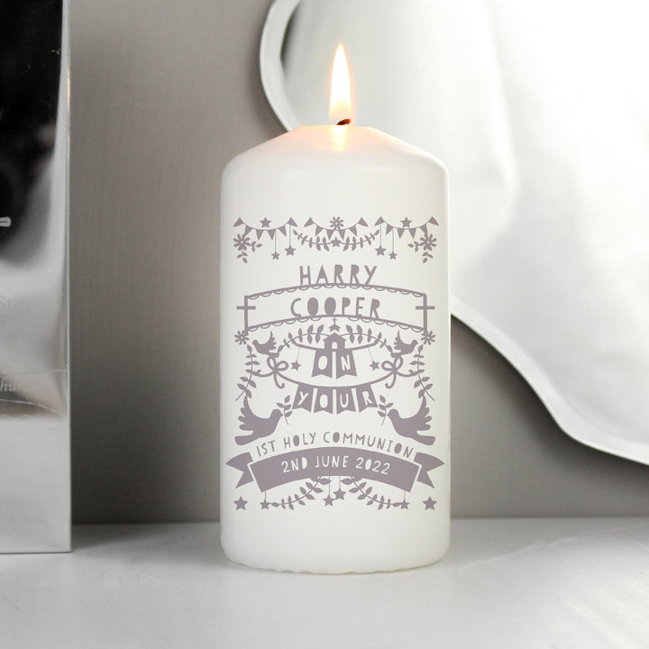 Personalised Grey Papercut Style Pillar Candle - part of the Gifts Finder Personalised Candles collection