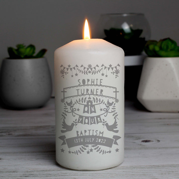 Personalised Grey Papercut Style Pillar Candle - part of the Gifts Finder Personalised Candles collection