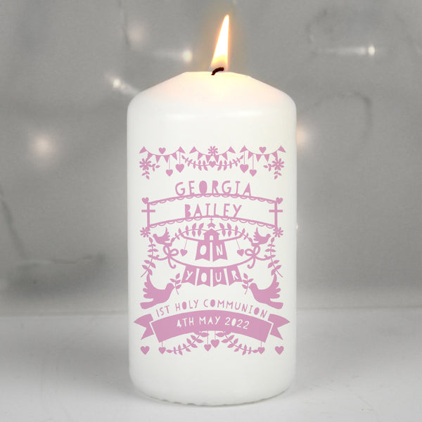 Buy Personalised Pink Papercut Style Pillar Candle at www.giftsfinder.co.uk