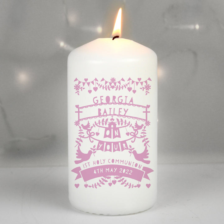 Personalised Pink Papercut Style Pillar Candle - part of the Gifts Finder Personalised Candles collection