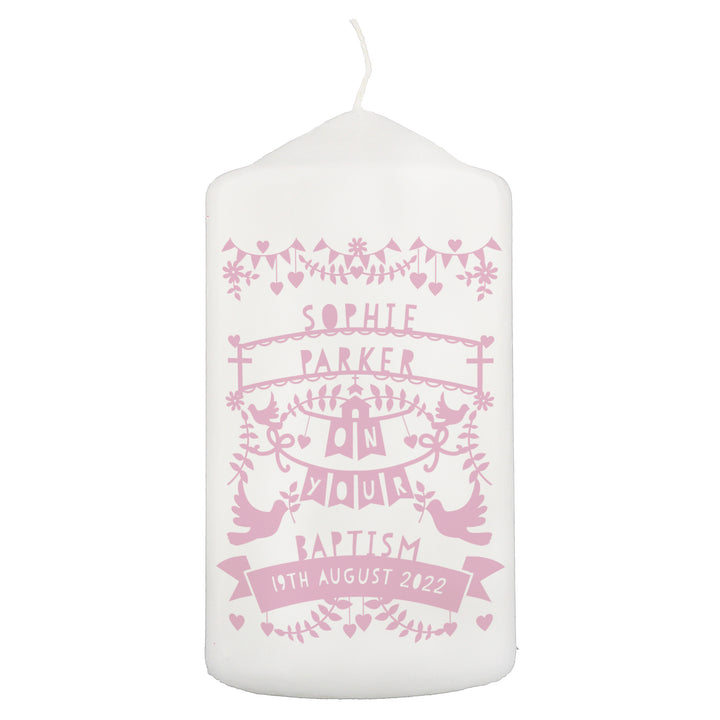 Personalised Pink Papercut Style Pillar Candle - part of the Gifts Finder Personalised Candles collection