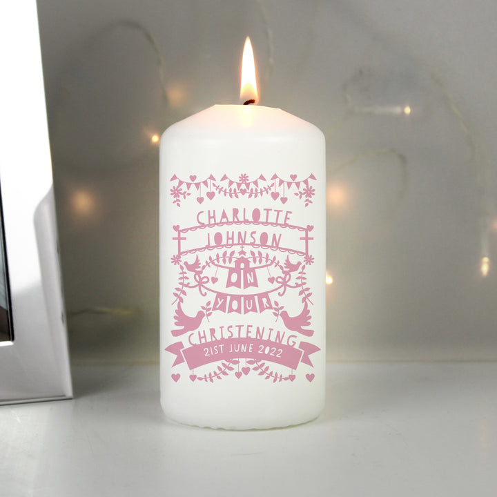 Personalised Pink Papercut Style Pillar Candle - part of the Gifts Finder Personalised Candles collection