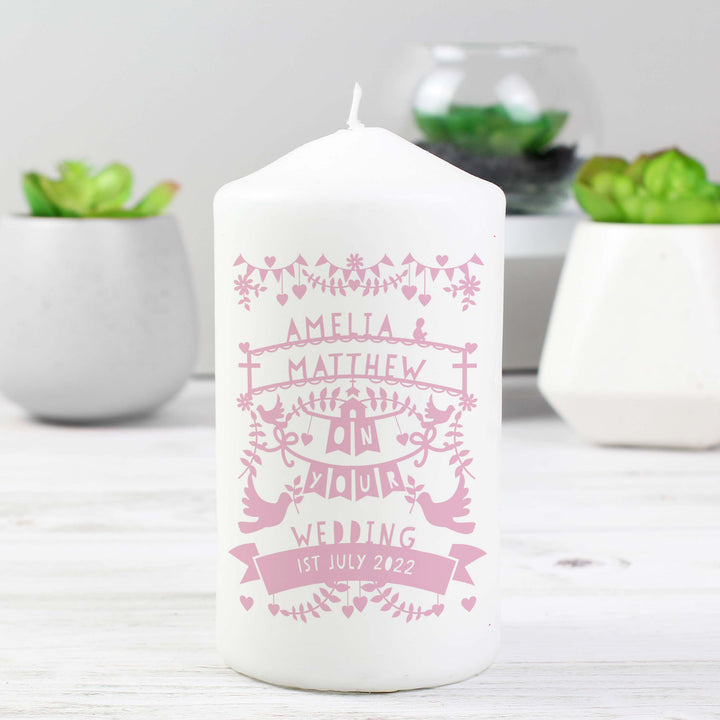 Personalised Pink Papercut Style Pillar Candle - part of the Gifts Finder Personalised Candles collection