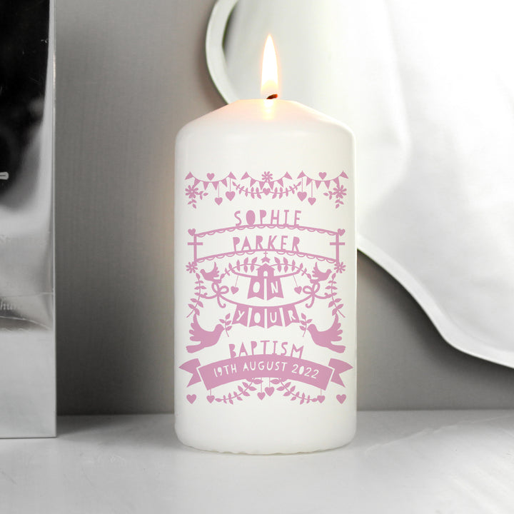 Personalised Pink Papercut Style Pillar Candle - part of the Gifts Finder Personalised Candles collection