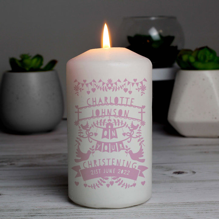 Personalised Pink Papercut Style Pillar Candle - part of the Gifts Finder Personalised Candles collection