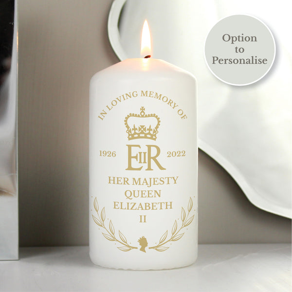 Buy Personalised Queens Commemorative Wreath Pillar Candle at www.giftsfinder.co.uk