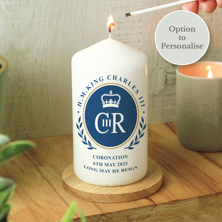 Buy Personalised King Charles III Blue Crest Coronation Commemorative Pillar Candle available now at www.giftsfinder.co.uk