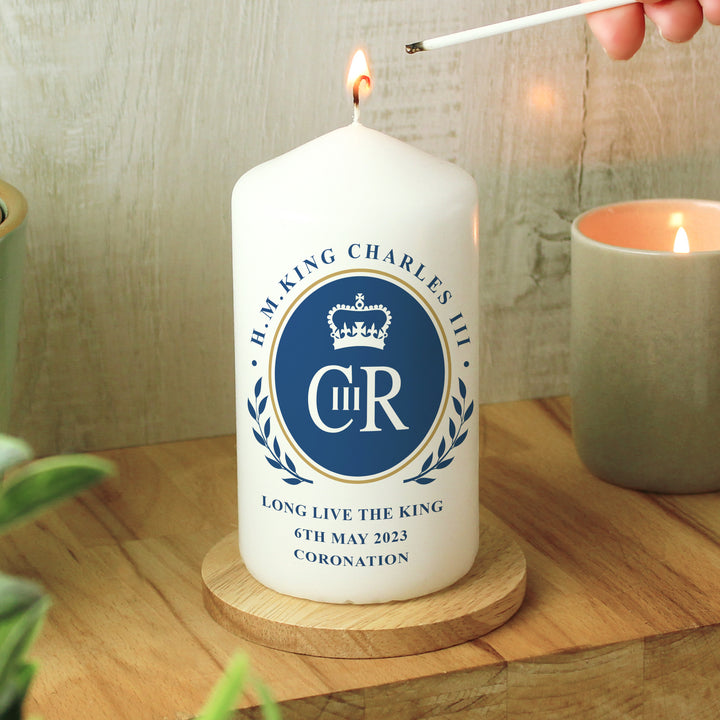 Buy Personalised King Charles III Blue Crest Coronation Commemorative Pillar Candle available now at www.giftsfinder.co.uk