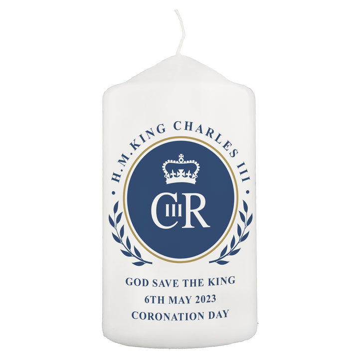 Buy Personalised King Charles III Blue Crest Coronation Commemorative Pillar Candle available now at www.giftsfinder.co.uk