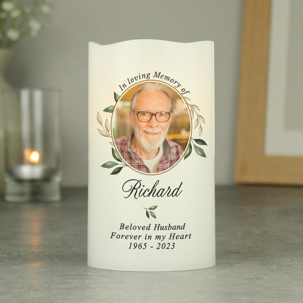 Buy Personalised Botanical Memorial Photo Upload LED Candle available now at www.giftsfinder.co.uk