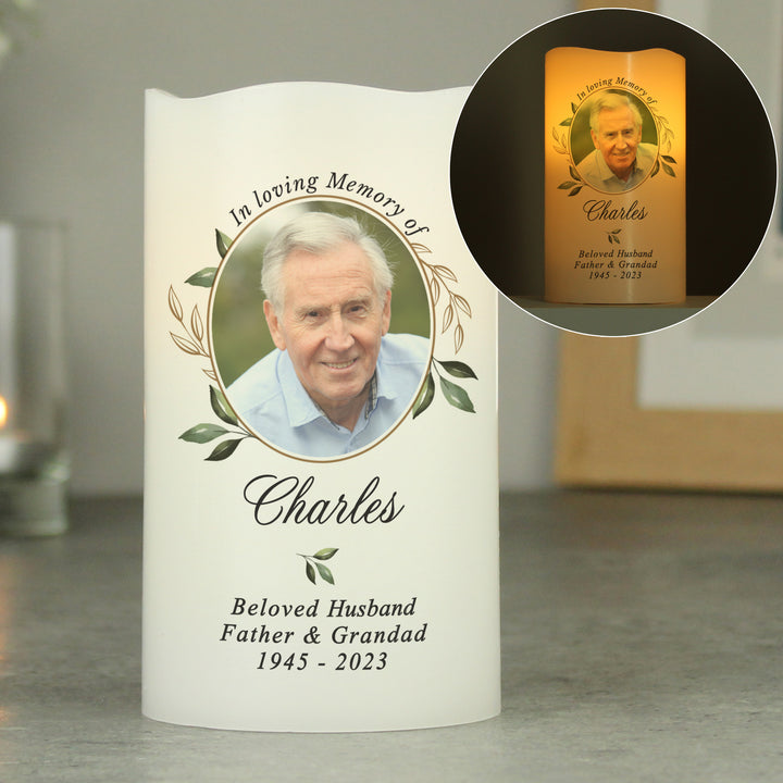 Personalised Botanical Memorial Photo Upload LED Candle - part of the Gifts Finder Personalised Memorials collection