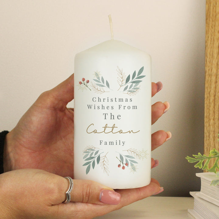 Buy Personalised Christmas Foliage Pillar Candle available now at www.giftsfinder.co.uk